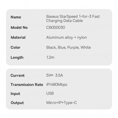 3in1 USB - micro USB / Lightning / USB C 3.5A 1.2m cable Baseus StarSpeed - Juodas 17