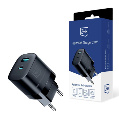 3mk Hyper Įkroviklis  GaN 33W USB-C USB-A wall Įkroviklis  - Juodas