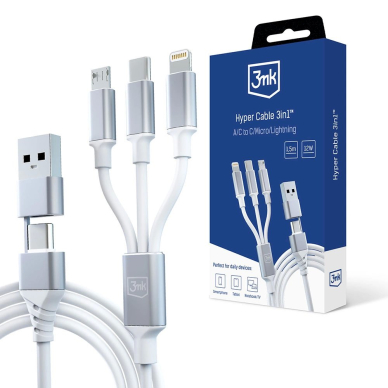 3mk Hyper Kabelis 3in1 USB-A - USB-C / USB-C - micro USB - Lightning 1.5m - Baltas