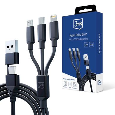 3mk Hyper Kabelis 3in1 USB-A - USB-C / USB-C - micro USB - Lightning 1.5m - Juodas