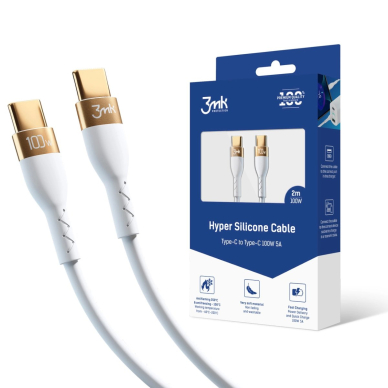 3mk Hyper Silicone Kabelis USB-C / USB-C 100W 2m - Baltas