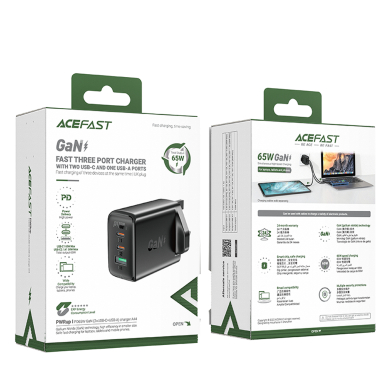 Acefast charger GaN 65W 3 ports (1xUSB, 2xUSB C PD) UK plug Juodas (A44) 4