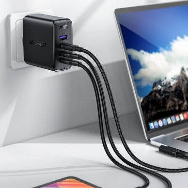 Acefast fast charger GaN 3xUSB-C/1xUSB-A 100W Juodas+ angled cable USB-C - USB-C 100W 2m Juodas 3