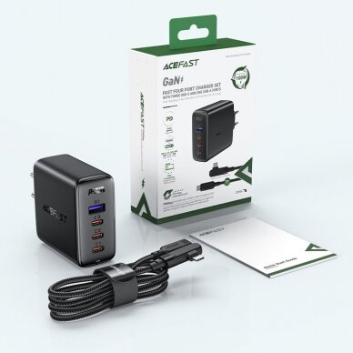 Acefast fast charger GaN 3xUSB-C/1xUSB-A 100W Juodas+ angled cable USB-C - USB-C 100W 2m Juodas 6