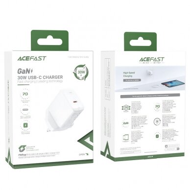 Acefast GaN wall charger (UK Įkroviklis) USB Type C 30W, Power Delivery, PPS, Q3 3.0, AFC, FCP white (A24 UK white) 4