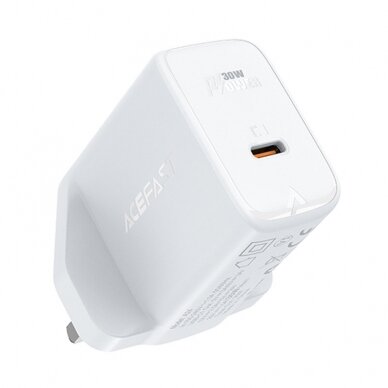 Acefast GaN wall charger (UK Įkroviklis) USB Type C 30W, Power Delivery, PPS, Q3 3.0, AFC, FCP white (A24 UK white)