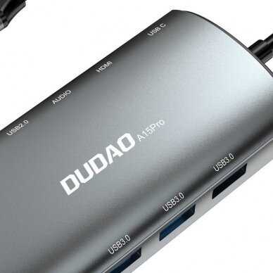 Adapteris šakotuvas Dudao 11w1 multifunctional HUB USB Typ C - USB Type C PD 60 W / HDMI / 3,5 mm mini jack / 1x USB 2.0 / SD - micro SD card reader / VGA / RJ45 / 3x USB 3.2 Gen 1 pilkas UGLX912 1