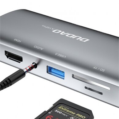 Adapteris šakotuvas Dudao 11w1 multifunctional HUB USB Typ C - USB Type C PD 60 W / HDMI / 3,5 mm mini jack / 1x USB 2.0 / SD - micro SD card reader / VGA / RJ45 / 3x USB 3.2 Gen 1 pilkas UGLX912 3