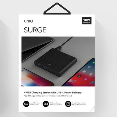 Adapteris UNIQ HUB Surge 90W Juodas 2xUSB Quick Charge 3.0 + 2xUSB-C PD 3.0 5