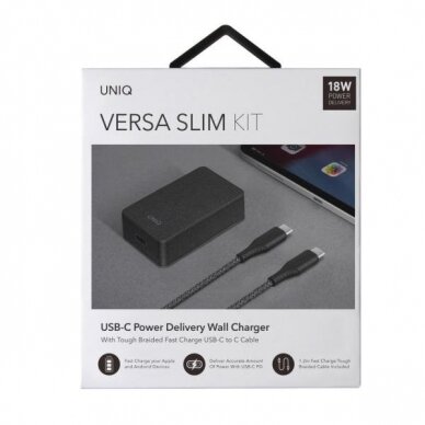 Adapteris UNIQ Versa Slim USB-C PD 18W + cable USB-C to USB-C Juodas 3