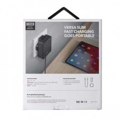 Adapteris UNIQ Versa Slim USB-C PD 18W + cable USB-C to USB-C Juodas 5