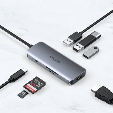 Akcija! Adapteris Choetech 7in1 multifunctional USB Type C HUB - 3x USB 3.2 Gen 1 / SD ir TF / HDMI 4K 30Hz / USB Type C Pilkas (HUB-M19) 2