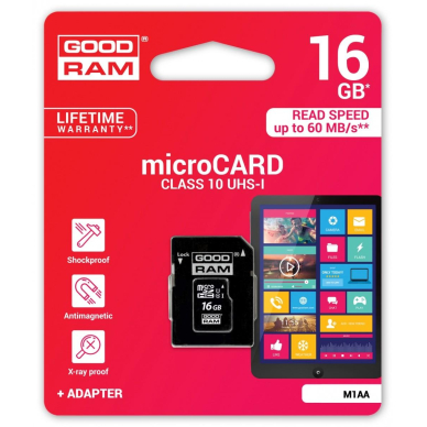 Atminties korta Goodram microSD 16Gb (class 10) + SD adapter