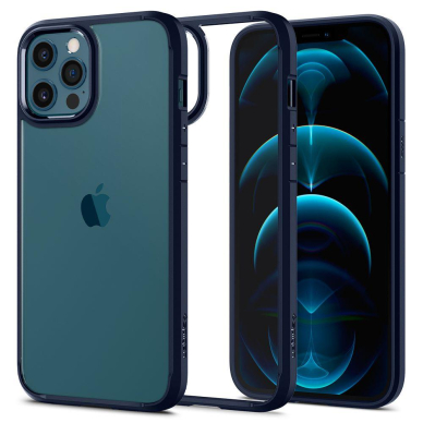 Aukštos kokybės Spigen Ultra Hybrid dėklas Iphone 12/12 Pro skaidrus mėlynais kraštais