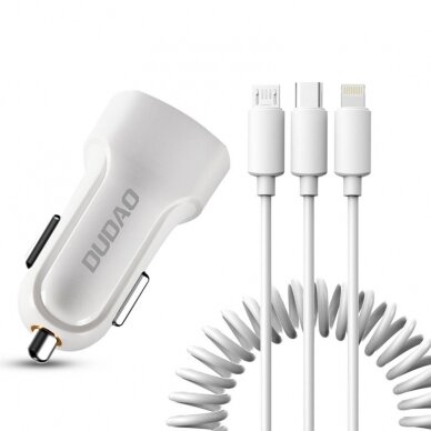 Automobilinis įkroviklis Dudao car kit 2x USB 2.4A charger + 3in1 Lightning / Type C / micro USB baltas