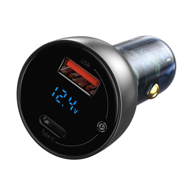 Automoblinis įkroviklis Baseus car charger USB / USB Type C 65 W 5 A SCP Quick Charge 4.0+ Power Delivery 3.0 LCD display + USB Typ C - USB Typ C permatomas UGLX912 2