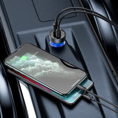 Automoblinis įkroviklis Baseus car charger USB / USB Type C 65 W 5 A SCP Quick Charge 4.0+ Power Delivery 3.0 LCD display + USB Typ C - USB Typ C permatomas UGLX912 6