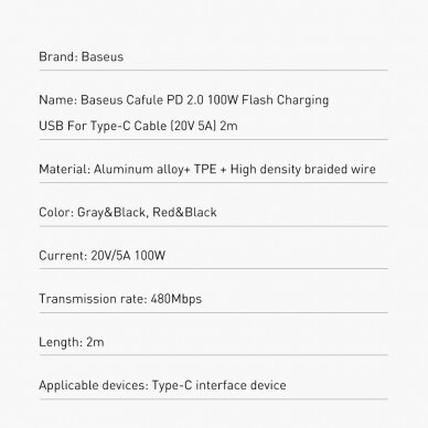 Baseus Cafule kabelis Nylon Braided Wire USB Typ C PD Power Delivery 2.0 100W 20V 5A 2m pilkas (CATKLF-ALG1) 19