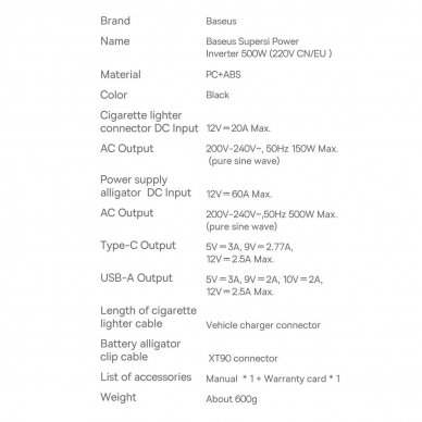 Baseus car power inverter 150W 12V / 500W 220V (EU and CN plug) Juodas (CGNB000101) 27