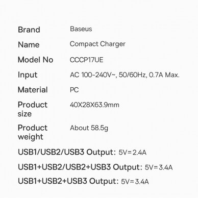 Baseus Compact charger 3x USB 17W Juodas (CCXJ020101) 19