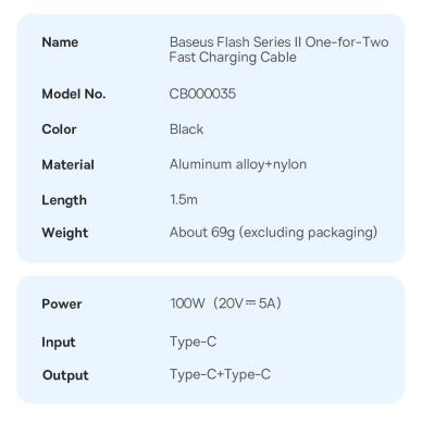 Baseus Flash Series Ⅱ Fast Charging Cable 2in1 USB-C - 2xUSB-C 100W 1.5m Juodas 15