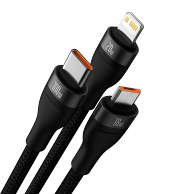 Baseus Flash Series II USB Type C / USB Type A cable - USB Type C / Lightning / micro USB 100 W 1.2 m black (CASS030101) 1