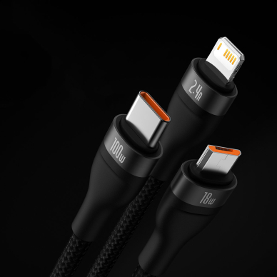 Baseus Flash Series Ⅱ One-for-three Fast Charging Data Cable USB to M+L+C 100W 1.2m Juodas 10