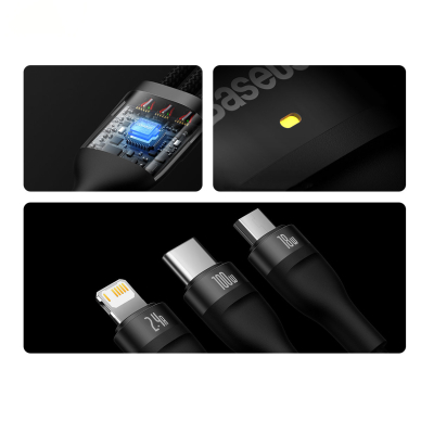 Baseus Flash Series Ⅱ One-for-three Fast Charging Data Cable USB to M+L+C 100W 1.2m Juodas 13