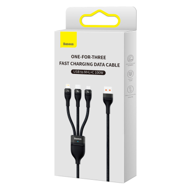 Baseus Flash Series Ⅱ One-for-three Fast Charging Data Cable USB to M+L+C 100W 1.2m Juodas 4