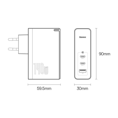 Baseus GaN5 Pro fast Įkroviklis  2xUSB-C + USB 140W EU Juodas (CCGP100201) 25