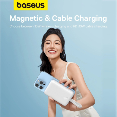 Baseus Magnetic Mini MagSafe 10000mAh 20W powerbankbuilt-in Lightning Kabelis - baltas + Baseus Simple Series USB-C - USB-C 60W 0.3m Kabelis 10