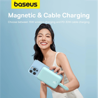 Baseus Magnetic Mini MagSafe 10000mAh 20W powerbankbuilt-in Lightning Kabelis - blue + Baseus Simple Series USB-C - USB-C 60W 0.3m Kabelis 10