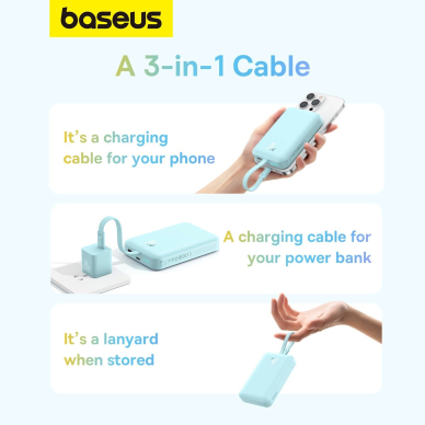 Baseus Magnetic Mini MagSafe 10000mAh 20W powerbankbuilt-in Lightning Kabelis - blue + Baseus Simple Series USB-C - USB-C 60W 0.3m Kabelis 11