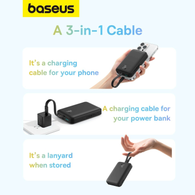 Baseus Magnetic Mini MagSafe 10000mAh 20W powerbankbuilt-in Lightning Kabelis - Juodas + Baseus Simple Series USB-C - USB-C 60W 0.3m Kabelis 11