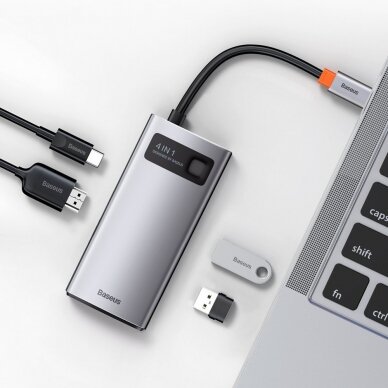 Baseus Metal Gleam 4in1 Daugiafunkcinis Šakotuvas HUB USB Type C - USB Type C 100 W / HDMI 4K 30 Hz / 1x USB 3.2 Gen 1 / 1x USB 2.0 (CAHUB-CY0G) UGLX912 8