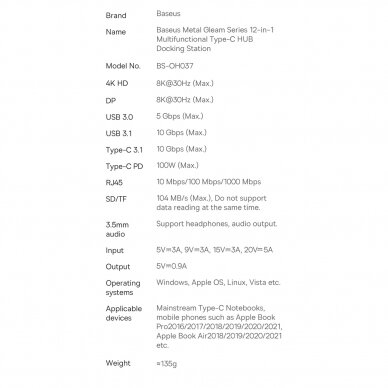 Baseus Metal Gleam multi-functional HUB USB Type C 12in1 HDMI / DP / USB Type C / minijack 3.5mm / RJ45 / SD (WKWG020213) 23