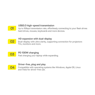 Baseus Metal Gleam Series Docking Station HUB 6 in 1 USB Type C - 1 x HDMI / 3 x USB 3.2 Gen. 1/1 x Power Delivery / 1 x VGA Pilas (WKWG030013) 24