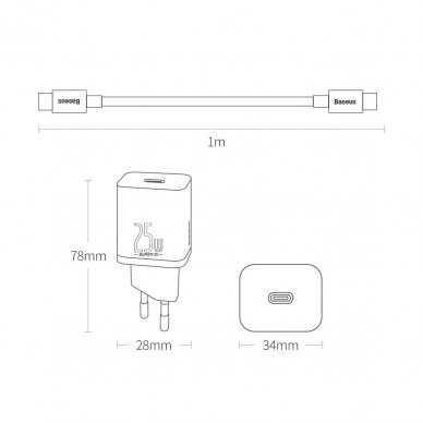Baseus Super Si Quick Charger 1C 25W EU Sets Black + Mini Black Cable Type-C to Type-C 3A 1m (TZCCSUP-L01) 17