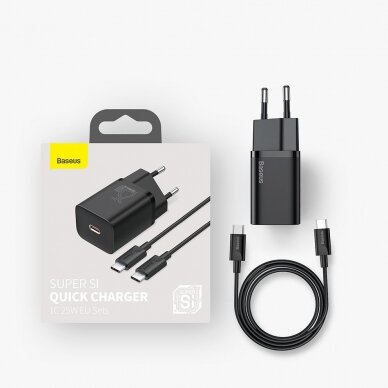 Baseus Super Si Quick Charger 1C 25W EU Sets Black + Mini Black Cable Type-C to Type-C 3A 1m (TZCCSUP-L01) 18