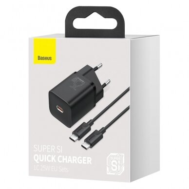 Baseus Super Si Quick Charger 1C 25W EU Sets Black + Mini Black Cable Type-C to Type-C 3A 1m (TZCCSUP-L01) 4