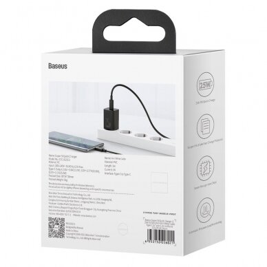 Baseus Super Si Quick Charger 1C 25W EU Sets Black + Mini Black Cable Type-C to Type-C 3A 1m (TZCCSUP-L01) 5