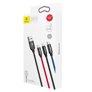 Baseus Three Primary Colors 3in1 USB-A - micro USB / Lightning / USB-C 3.5A Kabelis 0.3 m - Juodas 6