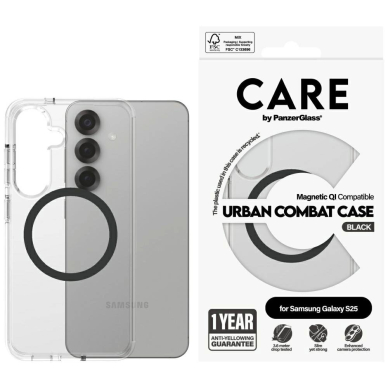 CARE by PanzerGlass Flagship Urban Combat Black QI Dėklas Samsung Galaxy S25 - Permatomas