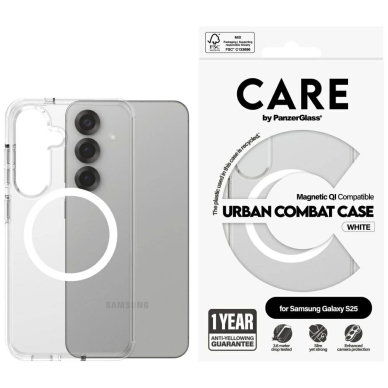 CARE by PanzerGlass Flagship Urban Combat White QI Dėklas Samsung Galaxy S25 - Permatomas