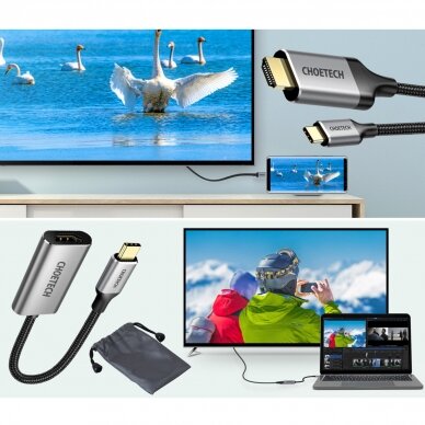 Choetech kit adapter HUB USB Type C - HDMI 2.0 (3840 x 2160 @ 60Hz) gray (HUB-H12) + USB cable Type C - HDMI (3840 x 2160 @ 60Hz) 2m gray (CH0021) 2