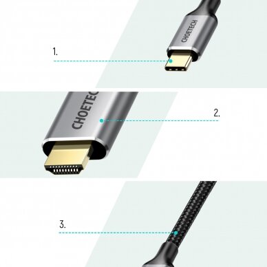 Choetech kit adapter HUB USB Type C - HDMI 2.0 (3840 x 2160 @ 60Hz) gray (HUB-H12) + USB cable Type C - HDMI (3840 x 2160 @ 60Hz) 2m gray (CH0021) 6