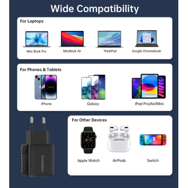 Choetech PD6051 USB-C USB-C PD 35W GaN wall Įkroviklis display - Juodas 2