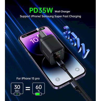 Choetech PD6051 USB-C USB-C PD 35W GaN wall Įkroviklis display - Juodas 4