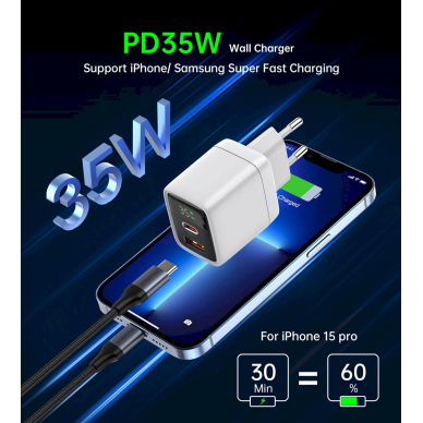 Choetech PD6052 USB-C USB-A PD 35W GaN wall Įkroviklis display - baltas 4