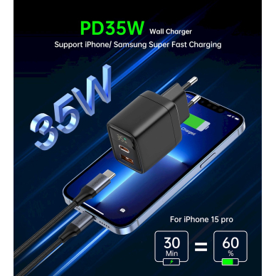 Choetech PD6052 USB-C USB-A PD 35W GaN wall Įkroviklis display - Juodas 4